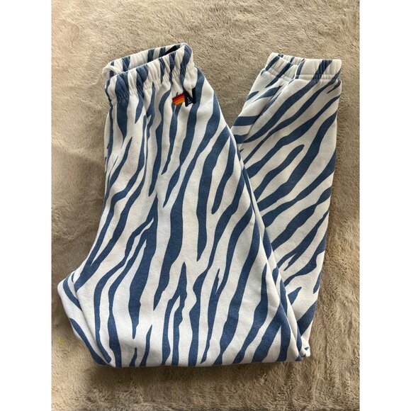 Aviator Nation Zebra Print Jogger Pants S Blue & White Cotton Blend Made In USA - Picture 7 of 11